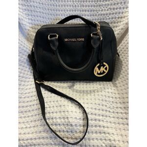 Michael Kors Black Leather Dome Satchel Medium Handbag Gold Accents Purse